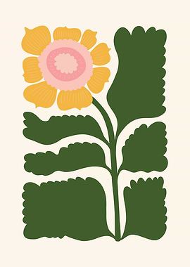 Stylized Yellow Sunflower with Green Leaves