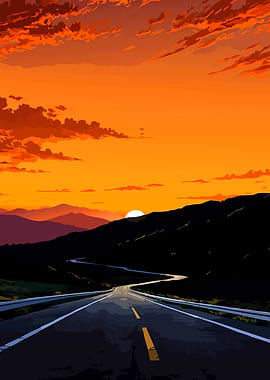Sunset over winding mountain road
