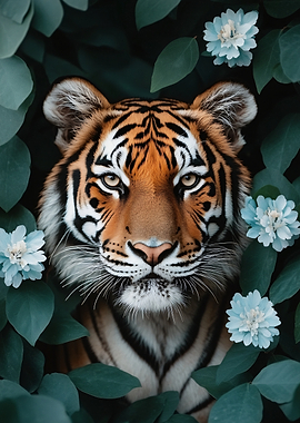 Tiger Face Among Flowers and Leaves