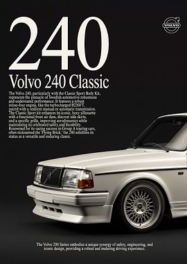 sleek white Volvo 240 Classic Car Poster