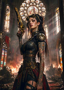Steampunk Woman with Gun in Burning Church
