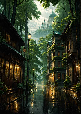 Fantasy Village Forest at Dusk