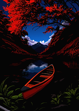 Red Canoe on Dark Water