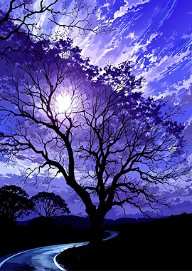 Dramatic Tree Silhouette Against Purple Sky