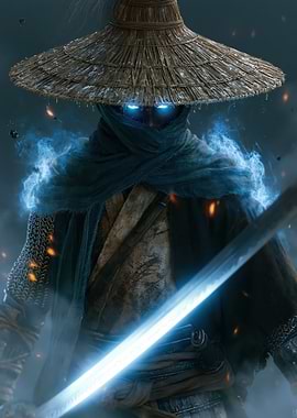 Mysterious Warrior with Glowing Eyes and Sword