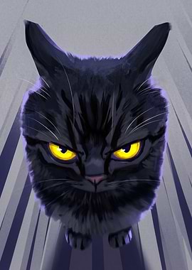 Grumpy Black Cat Glowing Yellow Eyes