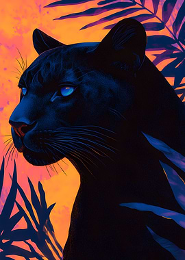 Aesthetic Sunset Neon Leaves Jaguar Poster