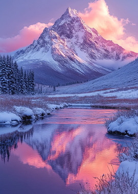 Snowy Mountain Reflection at Sunset