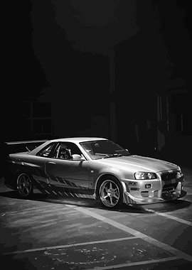 Silver Nissan Skyline GT-R R34 Art Poster
