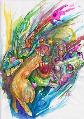 Abstract Watercolor Monster with Hand