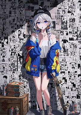 Anime Girl with Skateboard and Manga Wall