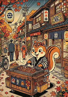 Cute Squirrel Grilling Chestnuts in Autumn Japan