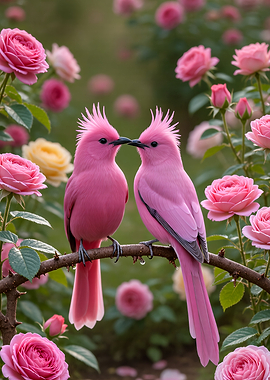 Two pink birds kissing in a rose garden