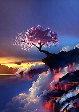Cherry Blossom Tree on Volcanic Cliff