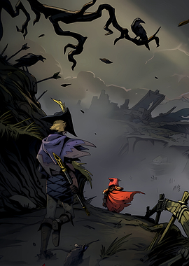Fantasy characters in a desolate landscape