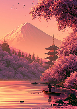Serene Japanese Landscape with Pagoda and Cherry Blossoms
