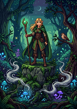 Pixel Art Elf Sorceress in Enchanted Forest