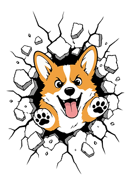 Corgi Crashing Through a Wall