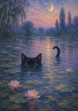 Black Cat in Water Lilies Pond