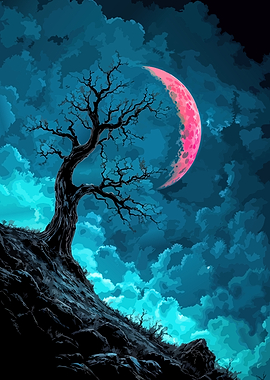 Eerie Moonlit Tree on Hill