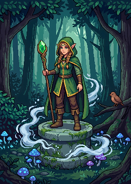 Pixel Art Elf Sorceress in Forest