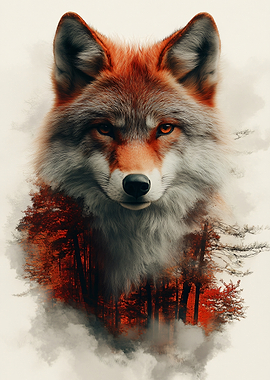 Double Exposure Fox in Autumn Forest