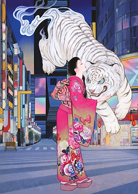 Woman and White Tiger in City