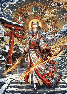 Kitsune Warrior in Snowy Shrine