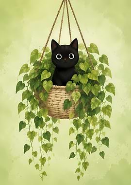 Cute black cat in a hanging planter