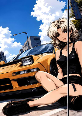Anime girl with yellow sports car