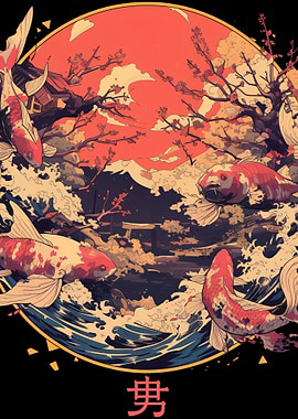 Koi Fish in Japanese Wave Art