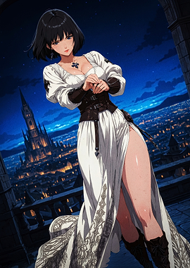 Anime Woman in White Dress Over Cityscape