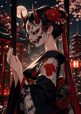 Oni Masked Woman in Kimono