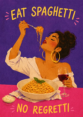 Woman eating spaghetti with wine
