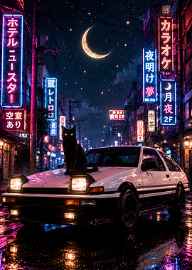 Black Cat on a White Car in Neon City