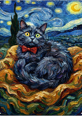 Van Gogh Starry Night Cat with Bowtie