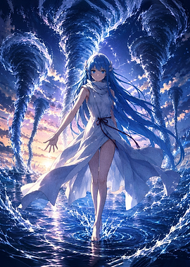 Anime Girl Amidst Water Tornadoes