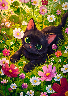 Cute Black Kitten in a Field of Flowers