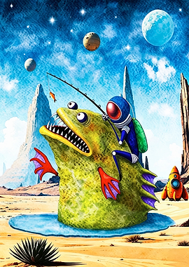 Astronaut fishing on an alien planet