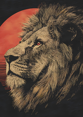 Majestic Lion Profile with Red Sun