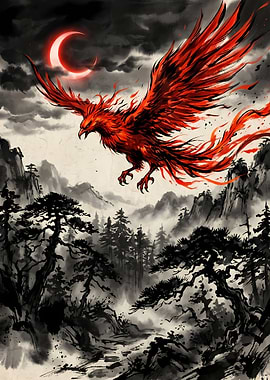 Fiery Phoenix Over Misty Mountains