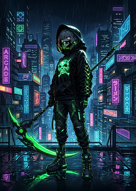 Cyberpunk Grim Reaper in Neon City