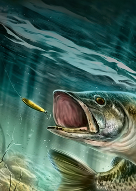 Fish lunging for fishing lure underwater