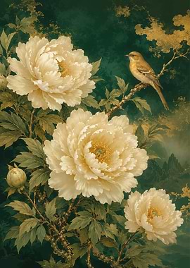 Peonies and Bird Painting