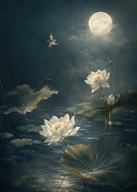 Moonlit Lotus Pond with Bird