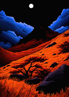Night Landscape with Moon and Mountains