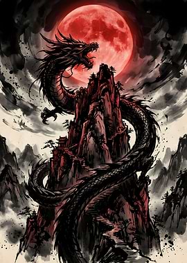 Dragon on Mountain Under Red Moon