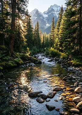 Mountain Stream in a Pine Forest