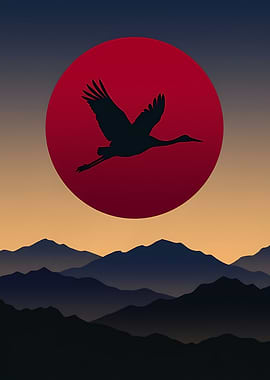 Crane flying over mountains at sunset