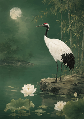 Crane by Moonlit Pond